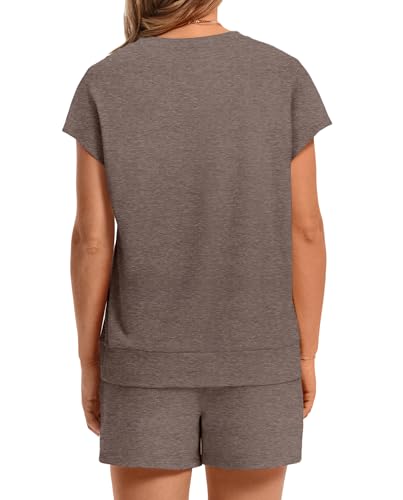 Image of WIHOLL Two Piece Sets for Women Summer Crew Neck Lounge Short Sets Cap Sleeve Drawstring Sweatsuit with Pocket