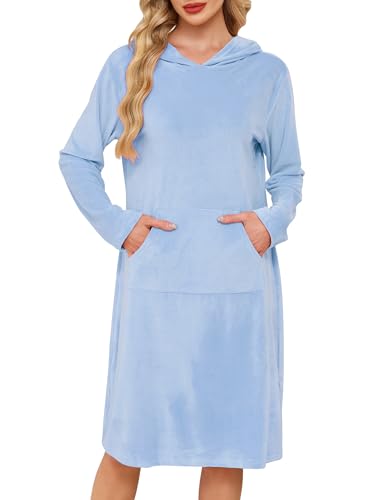 Wikoan Nachthemd Damen Langarm Hauskleid Fleece Nachthemden mit Kapuze Winter Warm Nachthemden mit Taschen Schlafshirt Lang Nachtwäsche Hellblau S