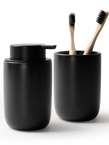 Bosilunlife Soap Dispenser and Toothbrush Holder Set - Dish Hand Soap Dispenser Bathroom Set Ceramic Bathroom Counter Soap Toothbrush Holder Set Black Bathroom Accessories Set