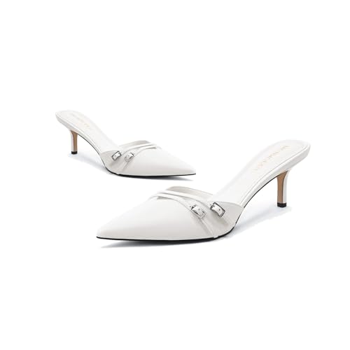 Women's White Kitten Heels Mules for Women Pointed Closed Toe Slip On Stiletto Heel Pumps Backless Vintage Sandals Buckle Mules Sexy Dress Shoes Trendy4