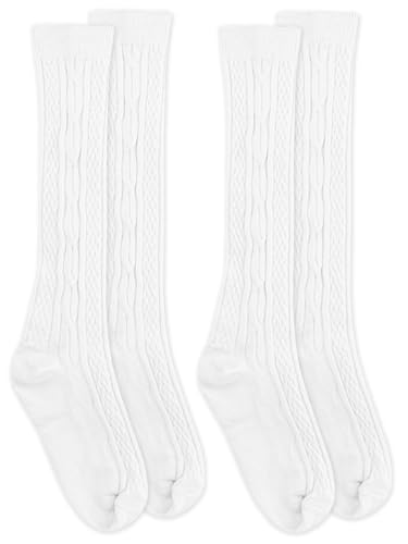 Jefferies Socks Girls Cable Knit Pattern Fashion Multicolor Knee High Socks 2 Pair Pack (S - USA Shoe 9-1 - 3-7 Years, White)