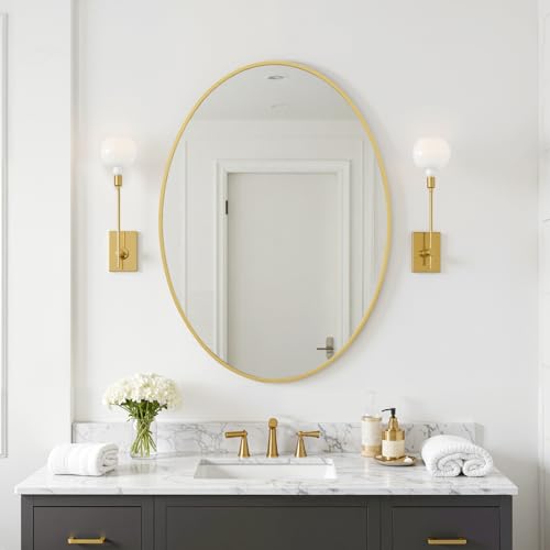Reflix Ovaler Wandspiegel 71 x 51 cm Gold Wandmontage Badezimmer-Schminkspiegel für Wanddekoration Schlafzimmer Wohnzimmer Eingangsbereich