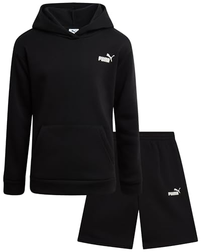 Image of PUMA Boys' Shorts Set - 2 Piece Soft Fleece Matching Athletic Pullover Hoodie Sweatshirt and Shorts for Boys (Sizes 8-16)