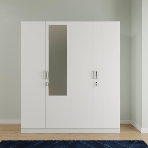 Image of VIKI Wardrobe | Wooden Almirah for Clothes,Door for Bedroom, 4 Door Wardrobe with Shelves, Mirror & Hanging Space (Frosty White - 40D x 160W x 180H) | 1 Year Warranty | Free Assembly