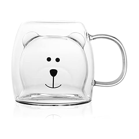 KINGBOO Cute Bear Double Walled Insulated Glass Cup Tea Coffee Glass Mug with Handle 8.5OZ Latte Cup clear Cover