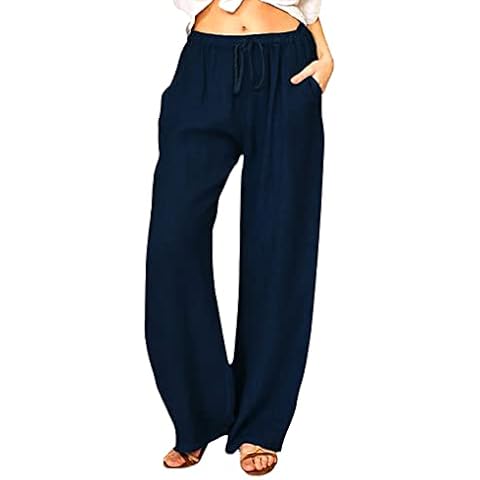 Edjude Wide Leg Trousers for Women Solid Cotton Linen Drawstring Elastic Waist Casual Long Pants with Pockets Size L Blue Cover