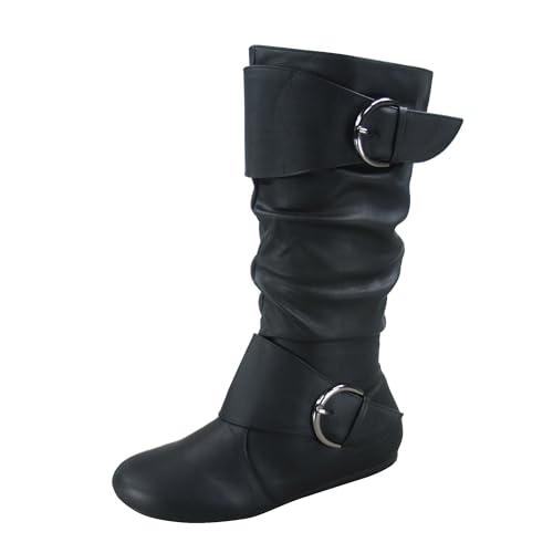 Image of Forever Link Women's Klein-70 Closed Round Toe Buckle Slouch Flat Heel Mid-Calf Boot