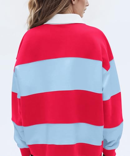 Women Striped Rugby Polo Sweatshirt Oversized Color Block Lapel Collar Long Sleeve Pullover Shirt Y2k Fall Clothes3