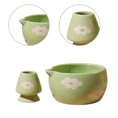 Image of Craftribal Handmade Ceramic Blossom Matcha Bowl with Whisk Holder - Pottery Chawan for Japanese Tea Ritual, Matcha Lovers & Gifting|Bowl - 5.5 inches|Holder-2.5 inches|Design-Green Floral
