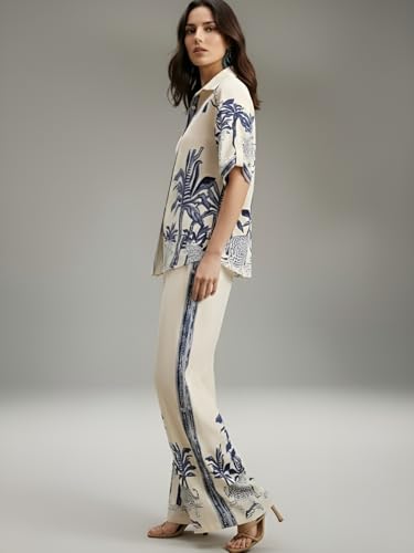 Image of NAINVISH Women's Rayon Co-Ord Set | Printed Shirt and Pant Set for Women | Casual Two Piece Lounge Outfit | Western Outfit