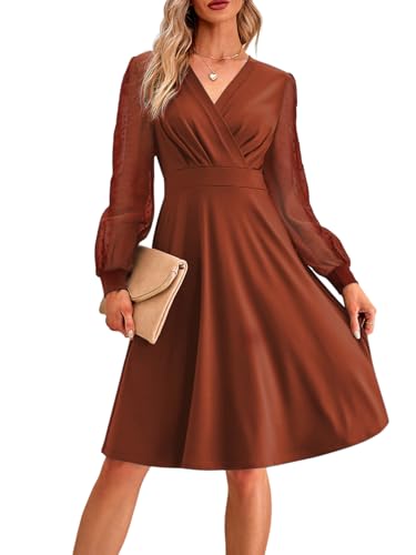 MAYFASEY Langärmeliges Damenkleid, V-Ausschnitt, A-Linie, hohe Taille, Midi-Kleid, lässig, locker, schwingend, knielanges Kleid, A-caramel, L