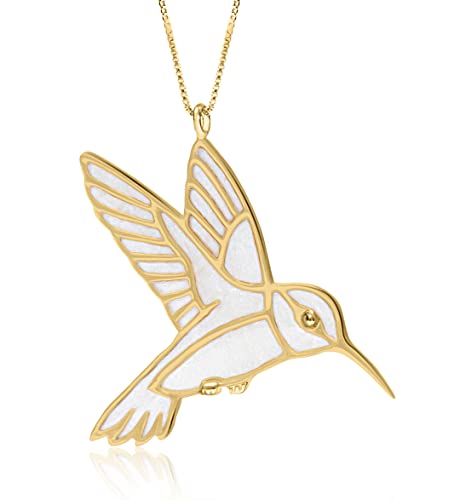 Gold Plated 925 Silver Hummingbird Necklace Handmade Cream Polymer Clay Bird Jewelry, 16.5