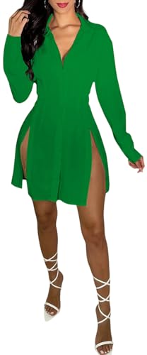 Image of Shirt Dress for Women Sexy Button Down Date Night Dresses Ruched Slit Stand Collar Long Sleeve Blouses