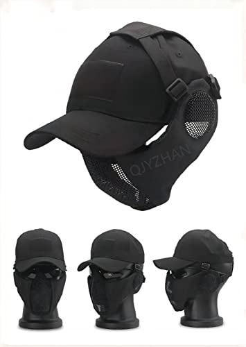 Tactical Foldable Mesh Mask +with Adjustable Baseball Cap with Ear Protection, for Paintball Shooting Cosplay CS Game