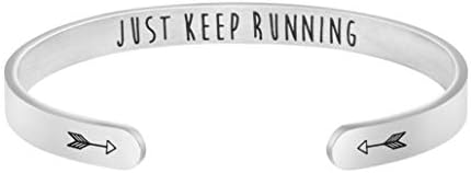 Gift for Runner Marathon Athlete Strength Jewelry for Women Birthday Gift Ideas Just Keep Running Bracelet Inspirational Engraved Stainless Steel Cuff Bracelet for Christmas Graduation Valentines Day Gift for Her