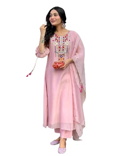 Kurta rose brodé ROYALICA haut de gamme avec col haut et encolure ornée