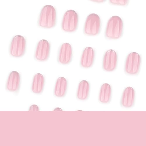 Image of Nude Press on Nails Silver Glitter French Tip Fake Nails Short Oval Nail Press ons Reusable Glossy Full Cover Stick on Nail for Women Manicure 24Pcs