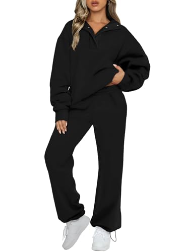 Aleumdr Womens 2 Piece Outfits Fleece Sweatsuit Snap Button Long Sleeve Sweatshirt with Wide Leg Sweatpants Lounge Set Black Medium