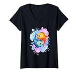 Damen Zwei Fische Sternzeichen Design bunt Aquarell Optik T-Shirt mit V-Ausschnitt