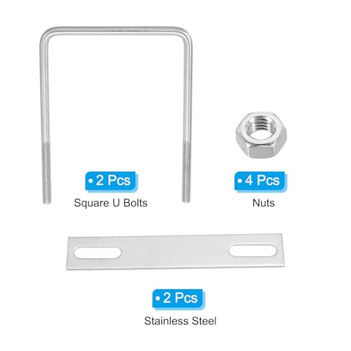 Image of PATIKIL M8x100x140mm Square U-Bolts Kit, 2Set 304 Stainless Steel Square U Shaped Bolts Replacement Parts with Frame Plates and Nuts for Ski Board Sailboat Trailer