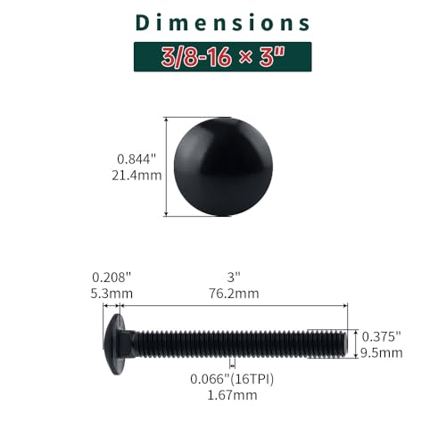 Image of 3 /8-16 x 3 Black Carriage Bolts with Nuts and Washers Kits (10 Sets), 304 Stainless Steel 18 /8, Black Finish, Round Head, Square Neck, Heavy Duty Bolts, Indoor Outdoor Fastening Bolts, Fayeploo