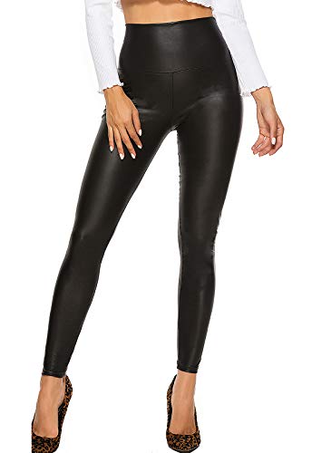 FITTOO PU Leggings Cuero Imitación Pantalón Elásticos Cintura Alta Push Up para Mujer #2 Clásico Negro Mate M