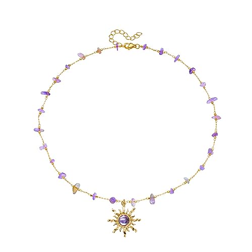 Aktully Crystal Sun Necklace for Women 18K Gold Plated Sun Pendant Necklace Natural Stone Crystal Choker Necklace Healing Crystal Necklace Christmas Trendy Jewelry for Women