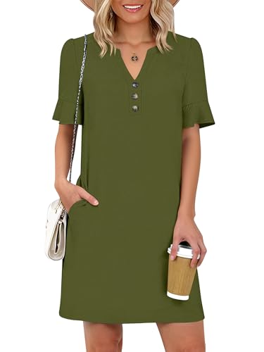 Image of Prinbara Womens Summer Casual Dresses Ruffle Short Sleeve V Neck Button 2026 Spirng Vacation Beach Loose Boho Shift Dress