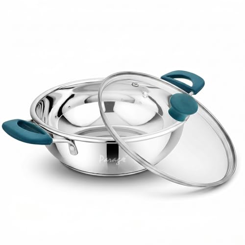 Image of Parage Stainless Steel Kadhai with Glass Lid, 2200ml, Induction & Gas Compatible, Triply Bottom Steel Kadai 24cm with Silicone Handle for Curry, Sabzi & Daily Cooking, 2 Years Warranty