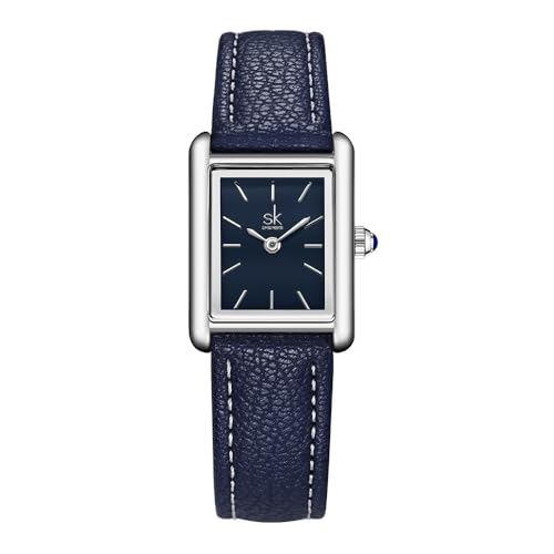 SHENGKE Montres Minimalist Vintage Square pour Femmes avec Bracelet en Cuir (Bleu)