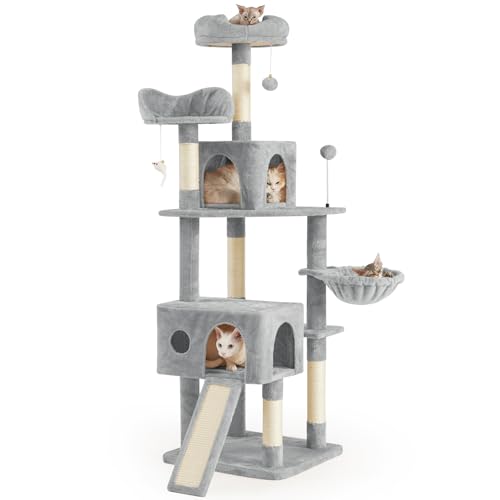 AIFY キャットタワー 大型猫用 多頭飼い 省スペース スリム 据え置き 安定強化構造 ハンモック付き 隠れ家付き 爪とぎ 見晴らし台 おもちゃ付き 運動不足解消 高さ170cm グレー