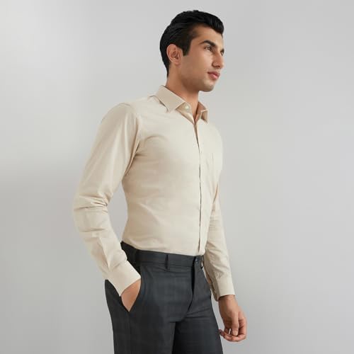 Image of Raymond Men Slim Fit Solid Pattern Pure Cotton Semi Cutaway Collar Full Sleeve Formal Shirt