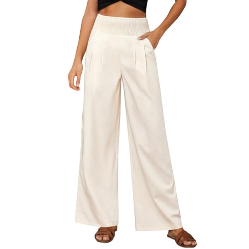 Cocila Pantalon Femme Été Fluide D Été en Lin pour Femme Jambe Large Coton Et Lin Taille Haute Élastique Décontracté De Plage Long Léger Ample Bohème...