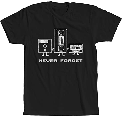 Never Forget Floppy Disk VHS Music Cassette Tape Programmer Software Engineer Nerd T-Shirt L Black