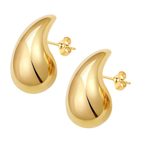 Chunky Gold Hoop Teardrop Earrings - Lightweight Hypoallergenic Gold Plated Fashion Jewelry for Women & Girls