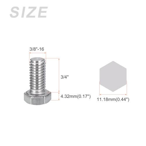 Image of METALLIXITY Hex Head Bolts (3 /8-16 x 3 /4 inch) 10Pcs, 304 Stainless Steel 18-8, Fully Threaded, External Hex Drive, Plain Finish, Hex Head Screw Bolt, Silver