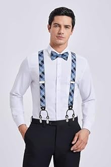 HISDERN Bow tie and Suspenders for Men Plaid Suspender Self Bowtie Pocket Square Adjustable Y Shape Mens Trouser Braces