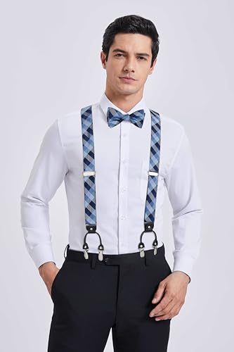 HISDERN Bow tie and Suspenders for Men Plaid Suspender Self Bowtie Pocket Square Adjustable Y Shape Mens Trouser Braces