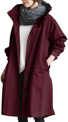 Damesjack: overgangsjas waterdicht gevoerd windjack licht met capuchon grote maten softshell jas knielange windbreaker met knopen trenchcoat losse jas met capuchon stansjas winterjas, roze, L