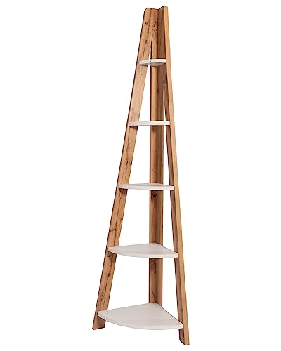 Image of DeckUp Plank TIVA Engineered Wood Corner Ladder Book Shelf (Wotan Oak & White, Matte Finish)