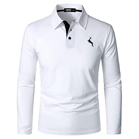 HOOD CREW Mens Fashion Long Sleeve Polo Shirt Casual Shirts Cotton Tops White M Cover