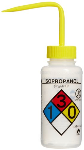 SP Bel-Art Right-to-Know Safety-Vented/Labeled 4-Color Isopropanol Wide-Mouth Wash Bottles; 250ml (8oz), Polyethylene w/Yellow Polypropylene Cap (Pack of 4), Translucent (118080008) Made in USA