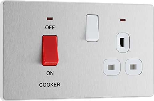 BG Electrical Cooker Switch with Socket and LED, Cooker Control Unit, Control Socket, Double Pole, Screwless Front Plate, Evolve, Brushed Steel, 45A, PCDBS70W