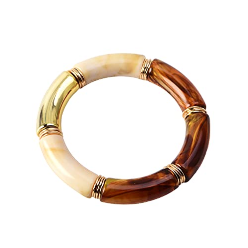 Goojids Bamboo Tube Bangles Bracelet Chunky Curved Stacking Clear Acrylic Colorful Beads Stretchable Friendship Gold Bracelets Gift For Women (A-Coffee) #TOP6