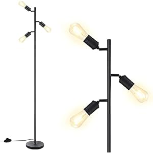 Industrial Standing Lamp with 3 Adjustable Rotating Lights – Tree Floor Lamp for Living Room, Bedroom, Home, Office (E26 Edison Bulb, Black)