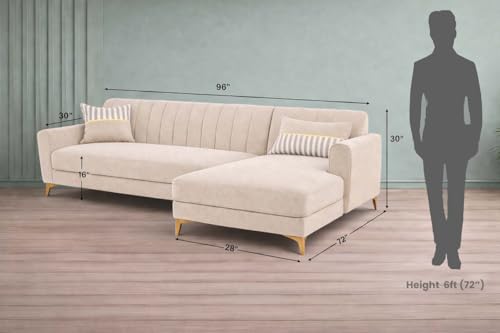 Image of Adorn India Premium Luster 6 Seater L Shape Sofa Set | Velvet Suede Fabric | 3-Year Warranty | RHS |Color Cream with Golden Legs & Striped Pattern Cushion