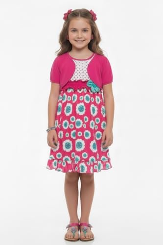 Image of ToBeInStyle Girls Two Piece Short Sleeve Dress and Matching Bolero Crop Cardigan Assorted Prints Cotton Blend Summer Outfit