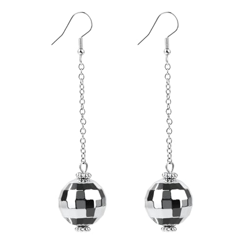 Disco Ball Earrings - Silver Mirror Ball Earrings for Women, Fun Cowgirl Outfit for 70s