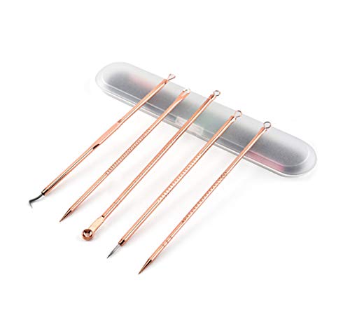 1Set(5PCS) Portable Professional Stainless Steel Remove Blackheads Tweezers Picking Acne Tools Squeeze Acne Extractor Pins Tools Remover for Face Skin Care with a Plastic Box(Gold)