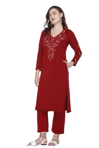 Image of Rosary Women's Woolen Winter Embroidered Kurta with Palazzo Pant | Warm Ethnic Suit Set - 2 Piece Outfit
